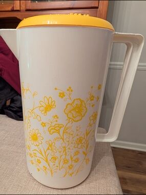 Vintage Retro White and Yellow Floral Plastic Pitcher with Lid